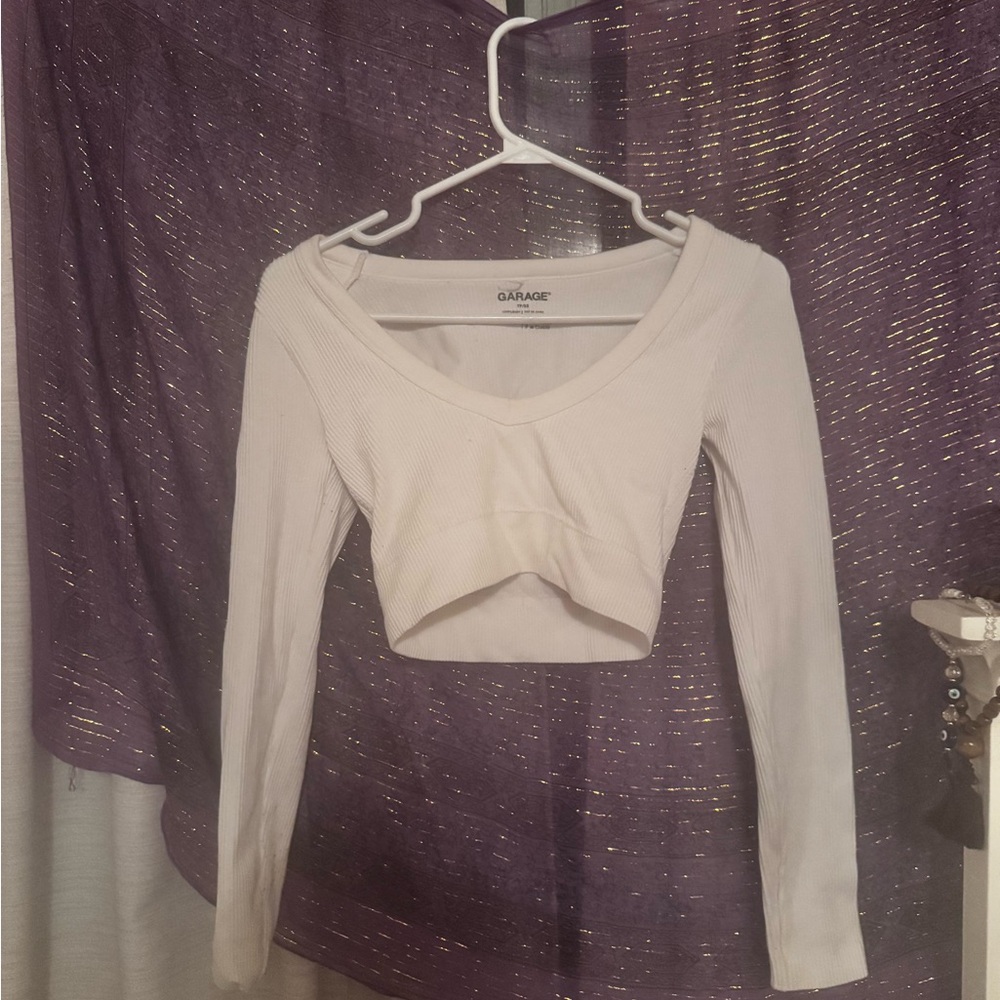 Garage White Ribbed Cropped Long-sleeve